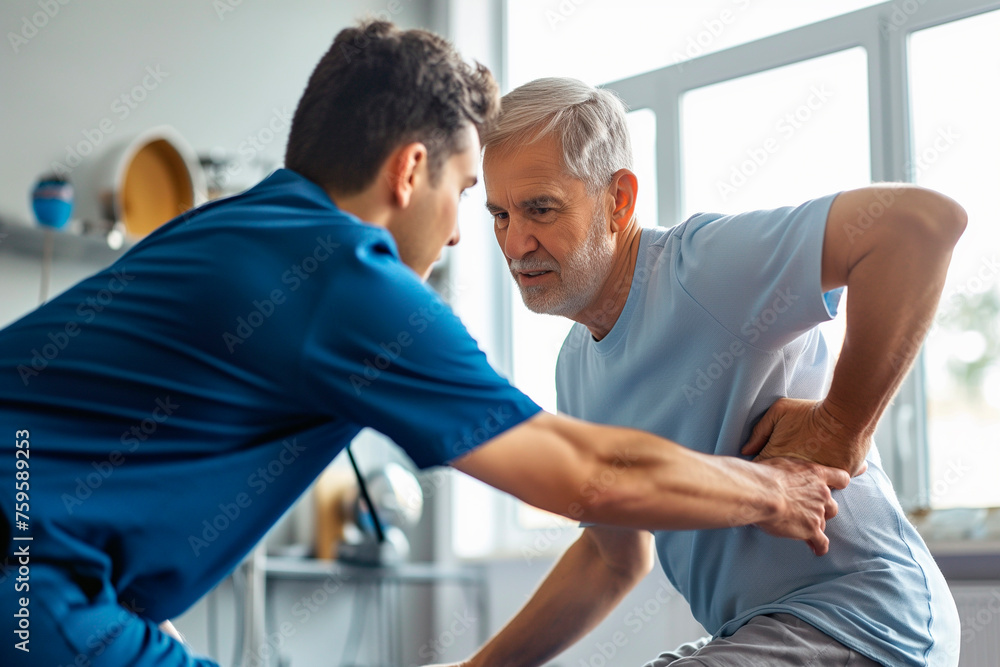Obraz premium male doctor physiotherapist with a man for wellness and disability support rehabilitation, helping an elderly person with physiotherapy on body muscle