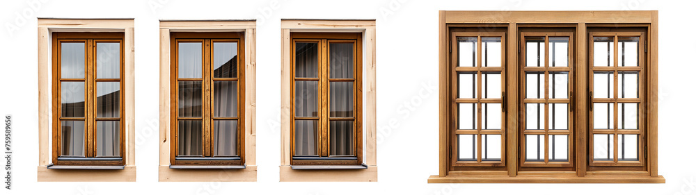 A series of wooden windows with frames on a transparent background A series of wooden windows with frames on a transparent background