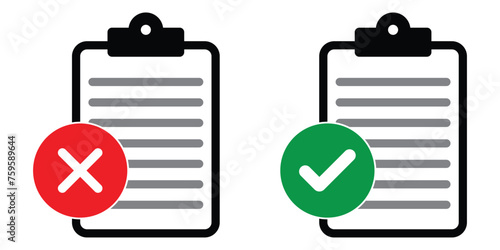 approved and rejected document icon. Clipboard with document, red cross and green tick. vector symbol on transparent background. photo