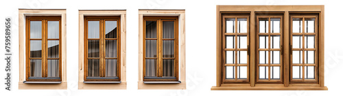 A series of wooden windows with frames on a transparent background
