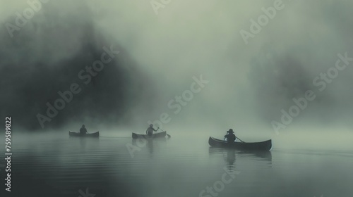 A fog-covered lake scene with friends in canoes, creating an ethereal and mysterious atmosphere.