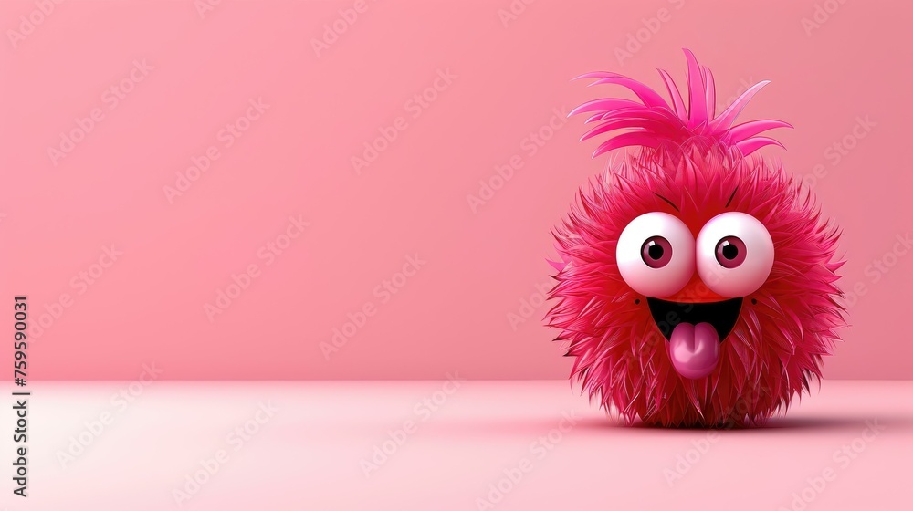 Fototapeta premium Fuzzy pink creature sticking out tongue on pink background.
