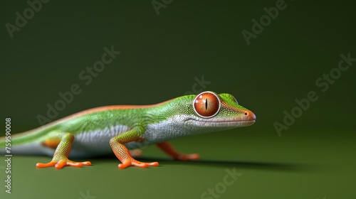 A 3D-rendered gecko with vibrant eyes on a green gradient.