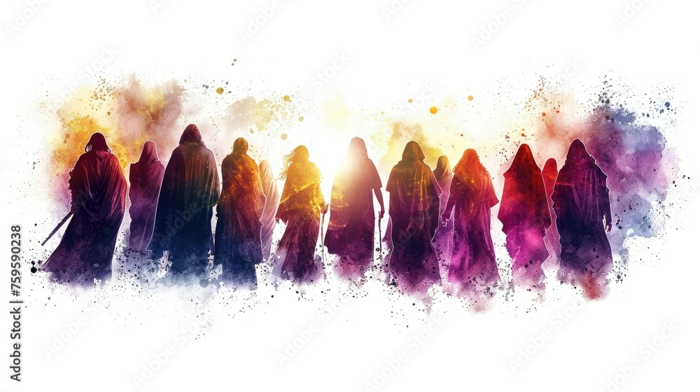 Mystical watercolor painting of figures in cloaks against a vibrant backdrop.