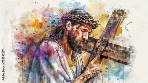 Vivid watercolor of a man carrying the cross, symbolizing sacrifice and faith. photo