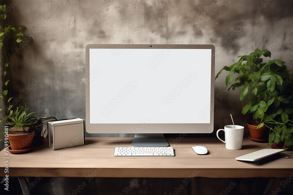 Creative hipster desktop with blank white computer screen, coffee cup, smart phone and other items on concrete background. Mock up Creative hipster desktop with blank white computer screen, coffee cup, smart phone and other items on concrete background. Mock up