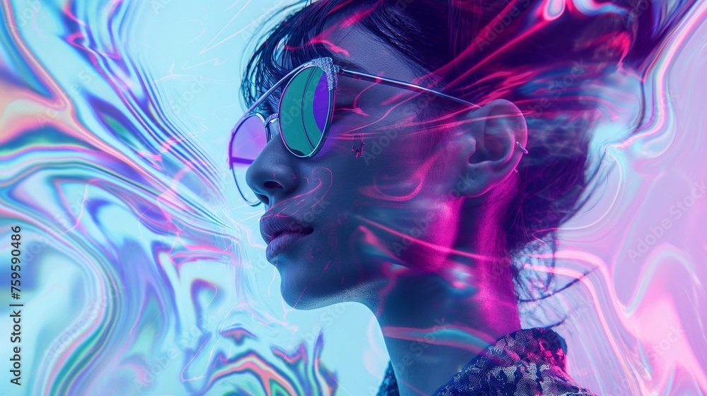 A futuristic girl model wearing avant-garde fashion, surrounded by holographic patterns on a sleek metallic background.