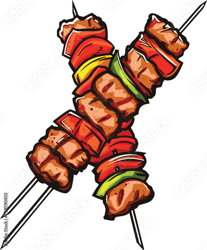 Shashlik skewers, logo, icon, sticker, and kebab illustration on white background.