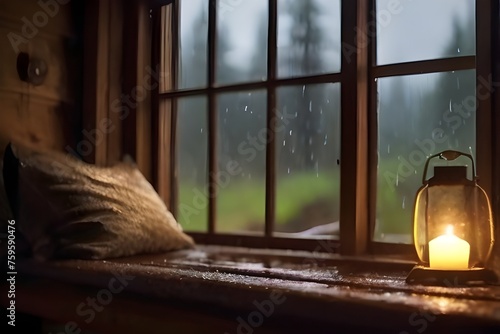 Cozy Rain Ambience Rain hitting on window in the Forest of an old cozy Cabin helps to fall asleep Generative AI