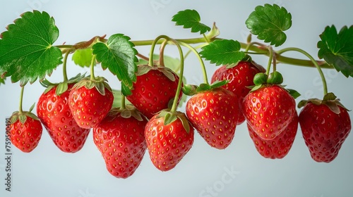 A bunch of red strawberries hanging from a branch. Concept of freshness and abundance  as the strawberries are ripe and ready to be picked