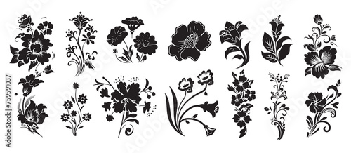 Vector large set of various plant leaves and flowers, sketches of silhouettes, drawings. Doodle sketch for vector tattoo