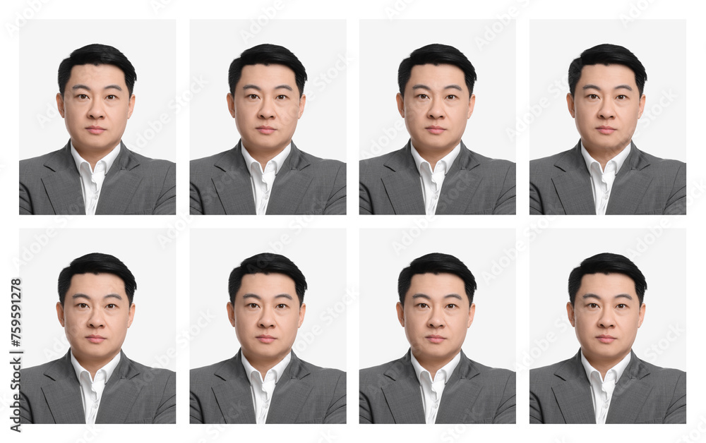 Passport photo, collage. Man on white background, set of photos Passport photo, collage. Man on white background, set of photos