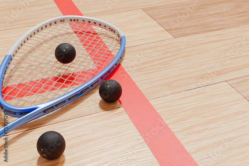 Fotografie Rackets and squash balls on the floor of the sports court