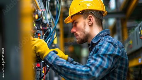 portrait of a electrician in a helmet, electrician engineer with yellow helmet at the workstation, electrician worker doing a work