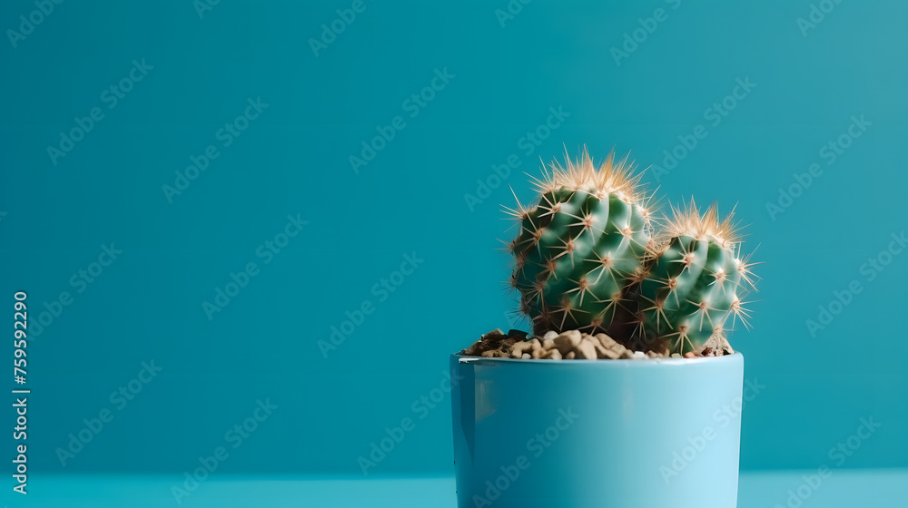 plant cactus on blue background with place for text - obrazy, fototapety, plakaty 