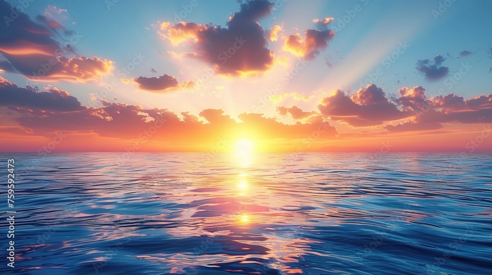 Calm sea with sunset sky and sun through the clouds over. Meditation ocean and sky background. Tranquil seascape.