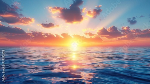 Calm sea with sunset sky and sun through the clouds over. Meditation ocean and sky background. Tranquil seascape.