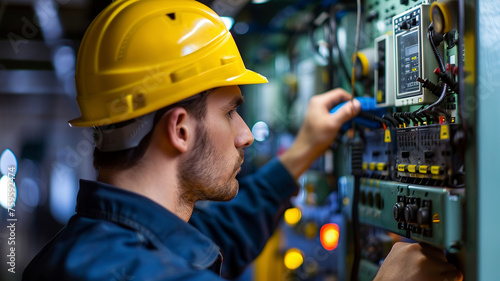 portrait of a electrician in a helmet, electrician engineer with yellow helmet at the workstation, electrician worker doing a work