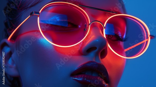 Close-Up of Woman with Neon Light Glasses