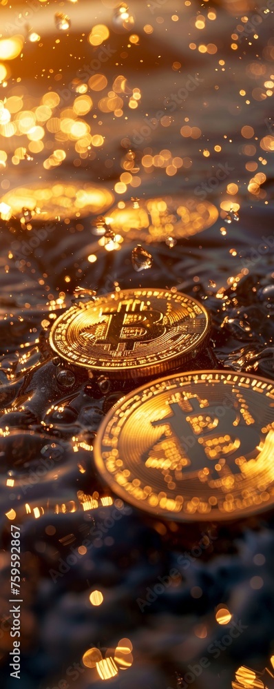 Bitcoin Tokens Shining on Reflective Surface