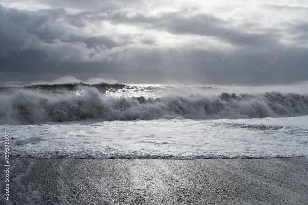 Stormy sea on the black beach of Vik