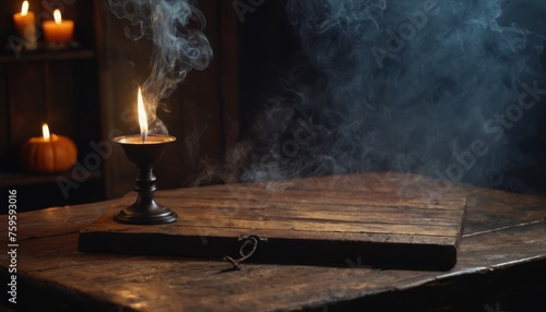 Wooden table with smoke on a dark background. Halloween party concept
