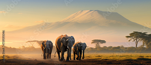Elephant family in front of Mt. Kilimanjaro 