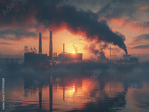 Sunset Over Industrial Zone with Pollution