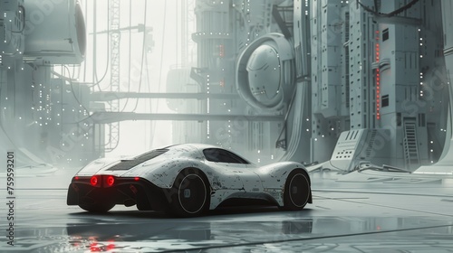 Sleek Futuristic Sports Car in a Sci-Fi Hangar © Atthasit