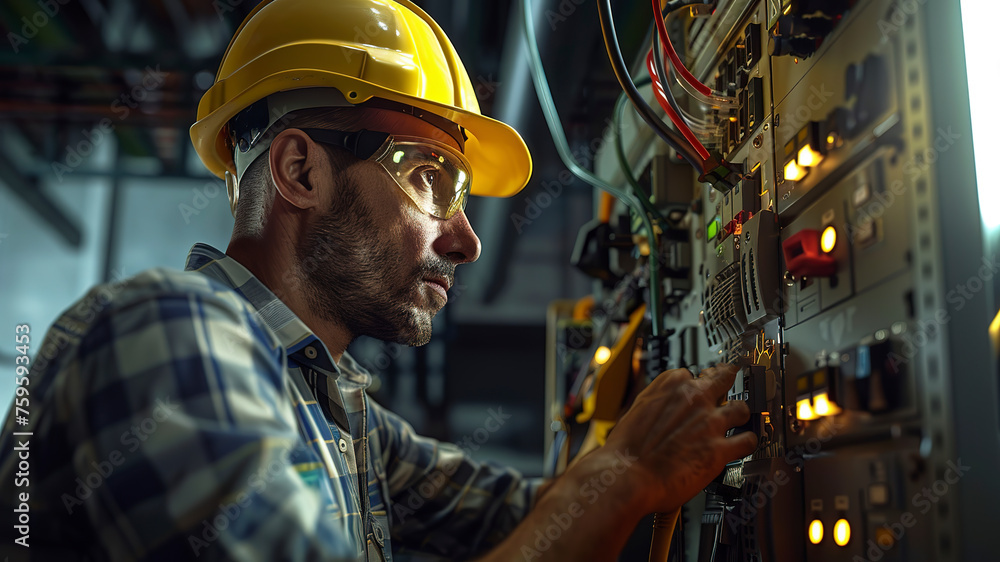 portrait of a electrician in a helmet, electrician engineer with yellow helmet at the workstation, electrician worker doing a work