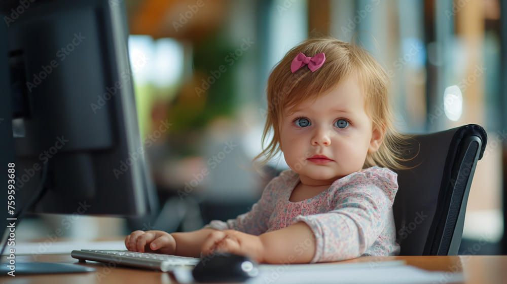 Toddler as a Executive Assistant with focus at a computer desk. Toddler as a Executive Assistant with focus at a computer desk.