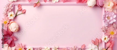 Empty pink picture frame with colorful spring flower . © Black