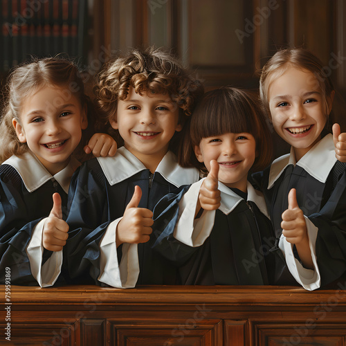 Group of children smiling, having thumbs up doing their dream job as Judges sitting in the court room. Concept of Creativity, Happiness, Dream come true and Teamwork. photo