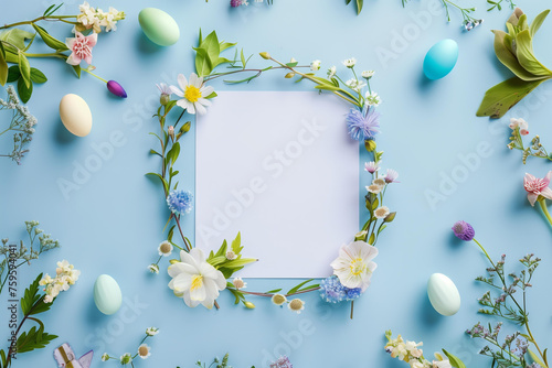 wreath made of various flowers, easter eggs, and leaves on a pastel blue background with white paper in the middle 