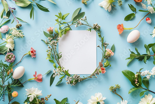 wreath made of various flowers  easter eggs  and leaves on a pastel blue background with white paper in the middle 