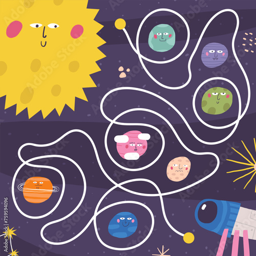 Cute space doodle maze with sun, planets, telescope, earth, venus, mars, satrun, jupiter, pluto, mercury, neptune, uranus, stars. Cosmos, universe puzzle for kids children Funny cartoon style labyrint photo