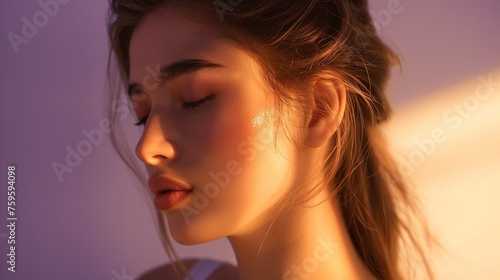 A girl model in a contemplative pose, with soft shadows and highlights playing on her features against a muted lavender background.