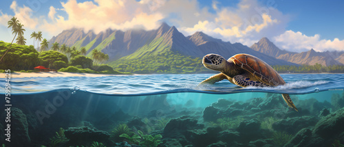 Endangered Hawaiian Green Sea Turtle cruises in the ocean