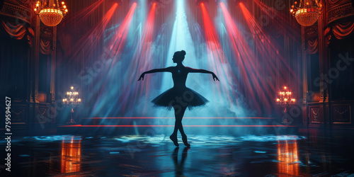 A ballerina performs a poised dance solo on a grand stage under dramatic stage lighting and classic ambiance photo