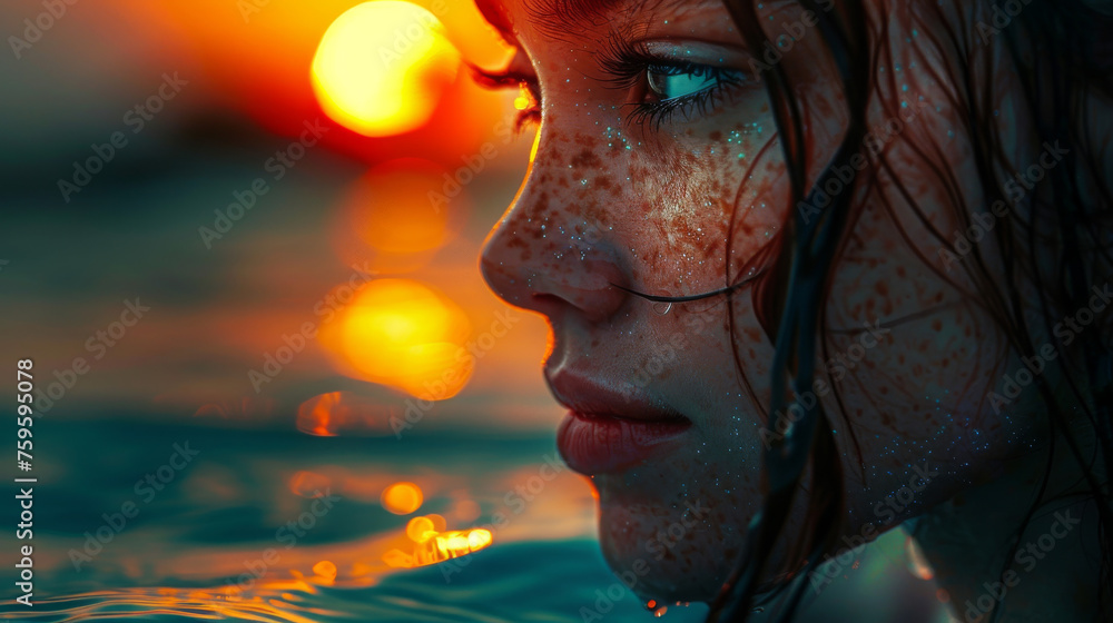 A young woman's face emerges from the water, her thoughtful gaze lost in the distance as the sunset bathes her in a warm, glowing light