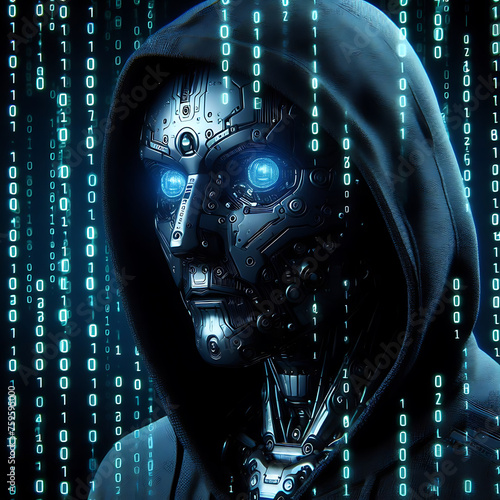 Binary Intrigue. Anonymous robotic hacker. Concept of hacking.
