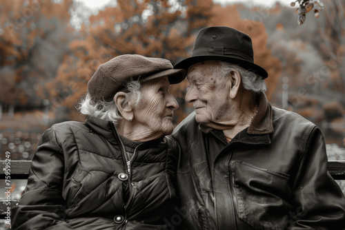 Coppia di anziani che si guardano affettuosamente negli occhi mentre siedono insieme su una vecchia panchina photo