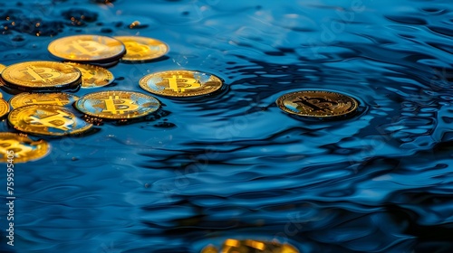 Gold Coins with Bitcoin Icons Floating on Blue Water A Digital Wealth Reflection photo