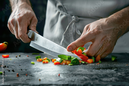 chef utilizza abilmente un coltello da cucina per tagliare le verdure fresche con precisione photo