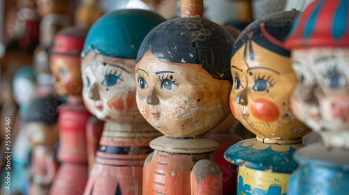 Handcrafted Wooden Dolls in Antique Shop Radiate Playful Nostalgia and Intricate Artistry photo