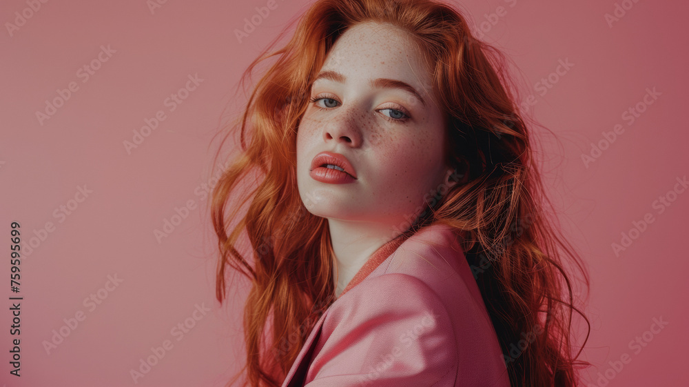 Headshot of a red-haired woman with freckles, showcasing her natural beauty against a pink backdrop.