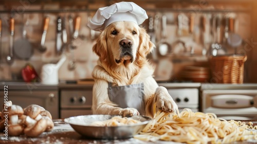 cane vestito con grembiule e cappello da chef mentre lavora la pasta fresca con le zampe photo