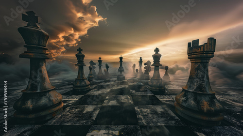 Chess pieces on board at dawn, facing the unknown in a strategic foggy dreamscape.