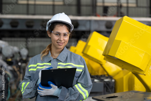 Portrait of engineer woman holding clipboard checking robot arms machine at assembly robotic factory. Female technician in uniform with helmet safety working in automated manufacturing industry