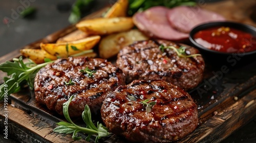 Gourmet Tasty Steak Burgers with Ham Slices on a Wooden Tray with Potato Wedges